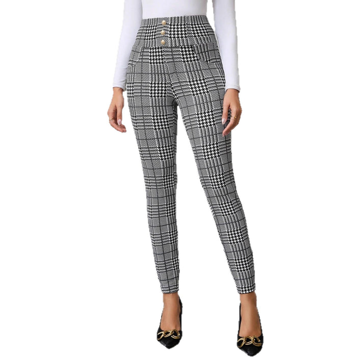 Women's Check Print Button Embellished High-waist Slim-fit Knit Pants 🇨🇳