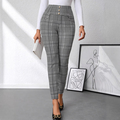 Women's Check Print Button Embellished High-waist Slim-fit Knit Pants 🇨🇳