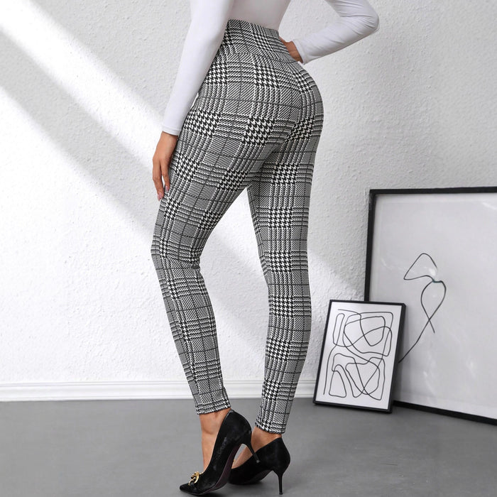 Women's Check Print Button Embellished High-waist Slim-fit Knit Pants 🇨🇳
