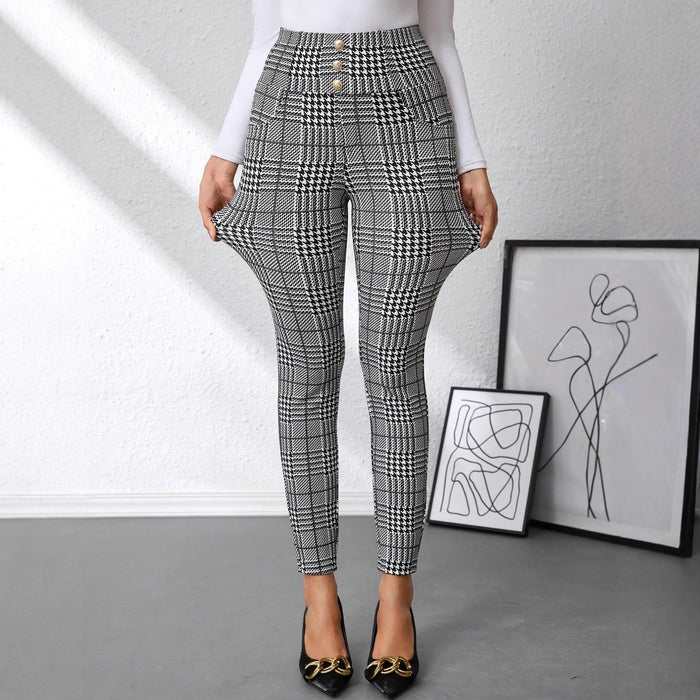Women's Check Print Button Embellished High-waist Slim-fit Knit Pants 🇨🇳