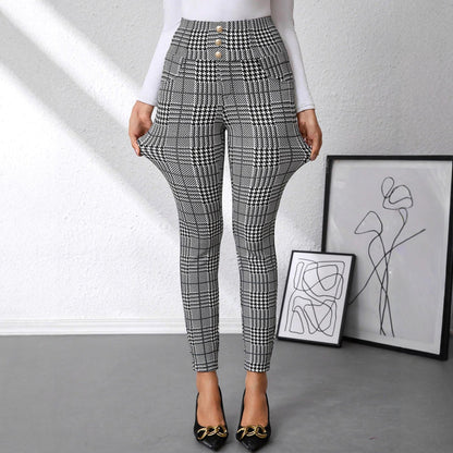 Women's Check Print Button Embellished High-waist Slim-fit Knit Pants 🇨🇳
